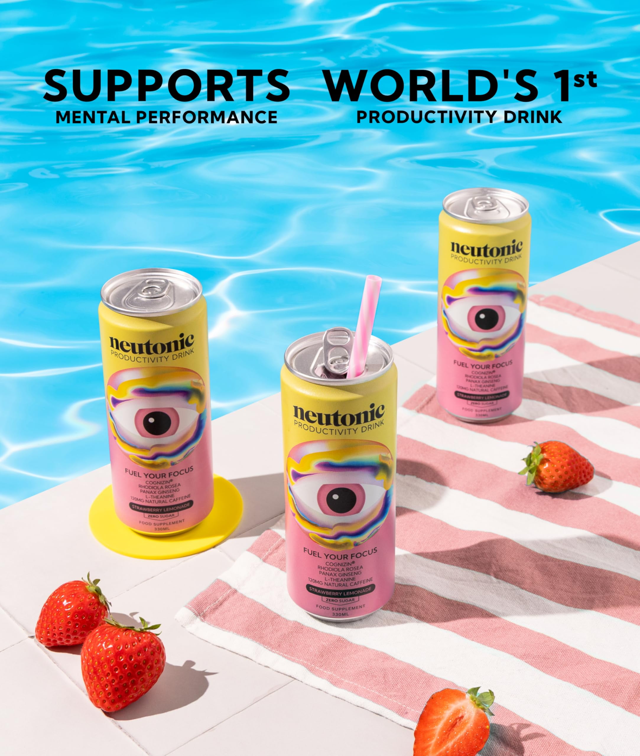 Neutonic Nootropic Productivity Energy Drink | Strawberry Lemonade | 12 Cans | 120mg Natural Caffeine | Zero Sugar | Focused Energy & Mental Performance Support