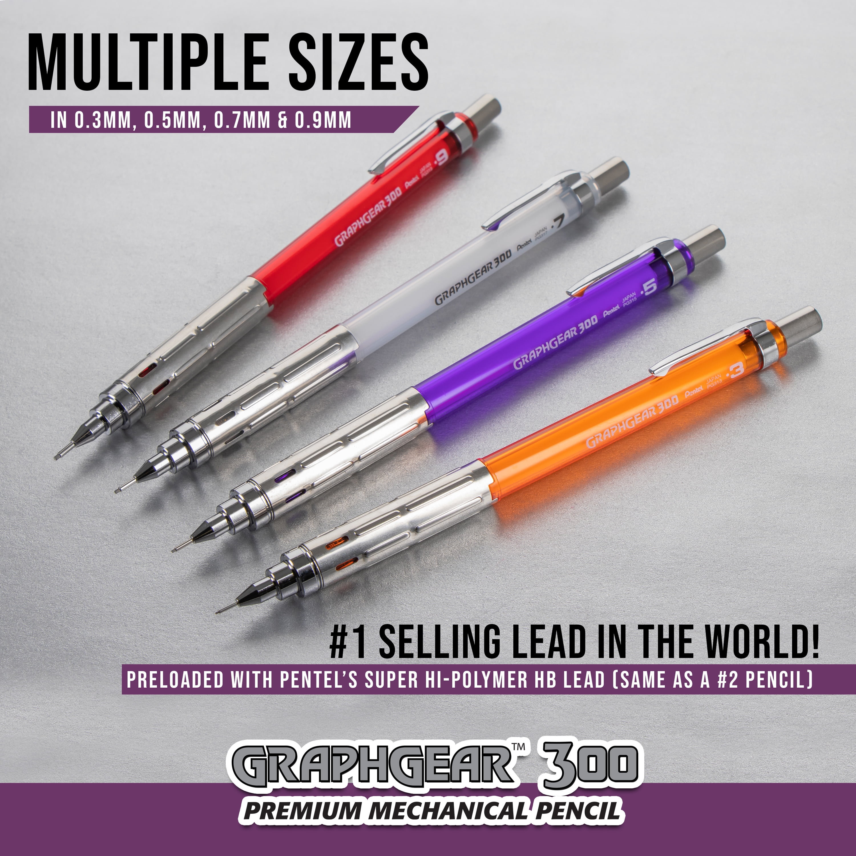 Pentel GraphGear 300 Mechanical Pencil , 0.5mm, HB Lead, 2 Count with Eraser and Refills