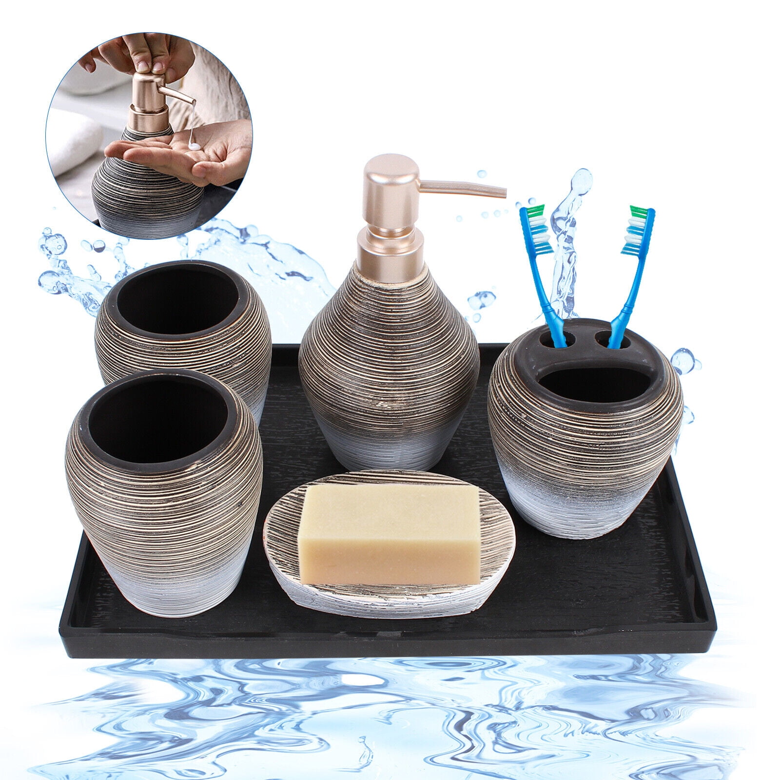 5 PCS Ceramic Bathroom Accessory Set, Retro, Lotion Soap Dispenser Toothbrush Holder Set for Bathroom