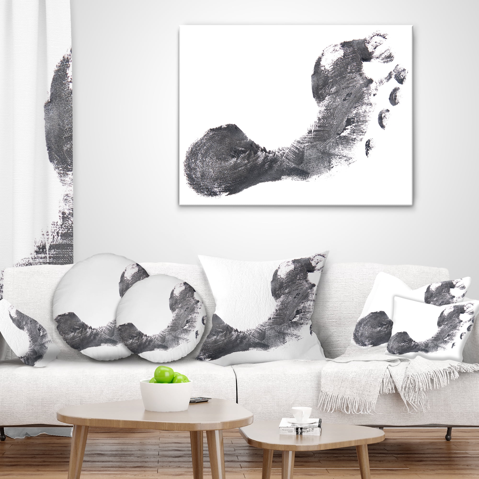 Designart Black and White Footprint Design - Portrait Throw Pillow - 18x18