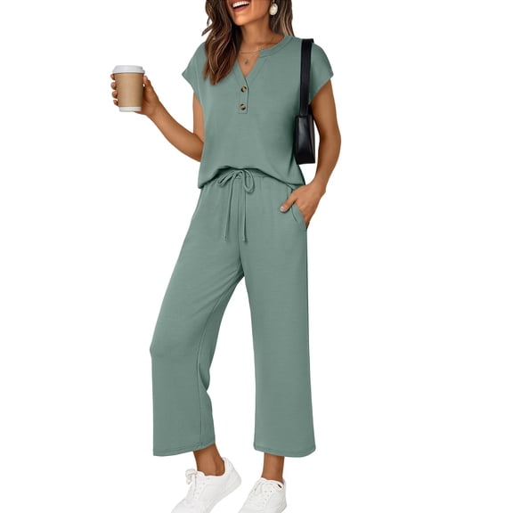 V Neck Henley Two Piece Lounge Sets for Women Spring Vacation Beach Travel Airport Casual Cruise Wide Leg Pants Outfits 2026 Green M