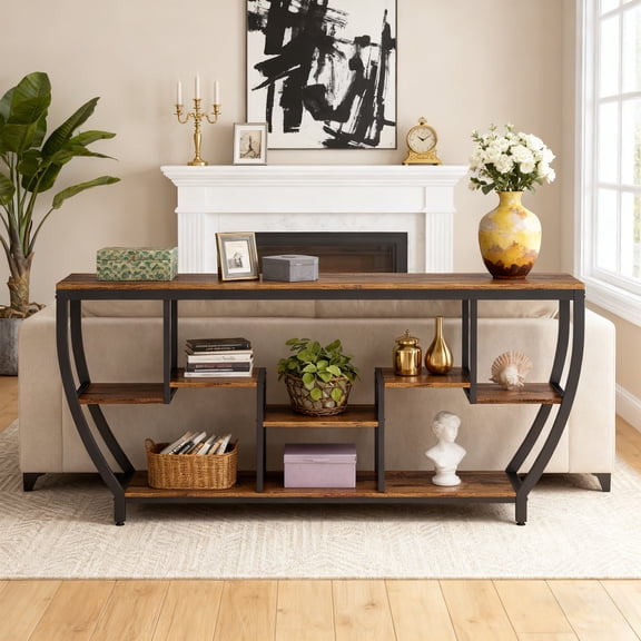 KIOOTTO 71" Extra Long Sofa Table with 7-Tier Storage, Industrial Console Table Behind Couch with X-Brace, 70.9" Rustic Brown Entryway Table & TV Stand
