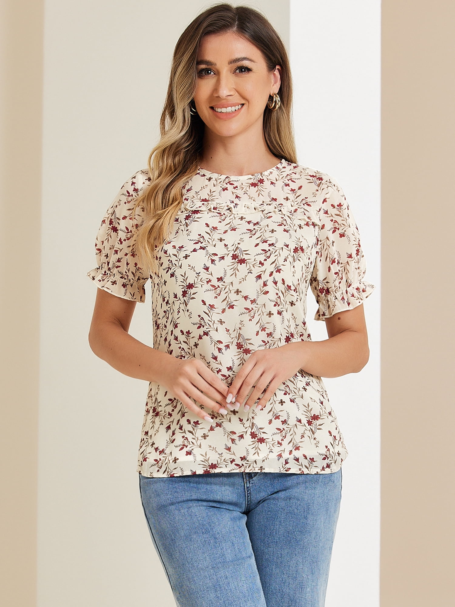 DARING DIVA Chiffon Ruffled Trim Floral Blouse Top XL White Red