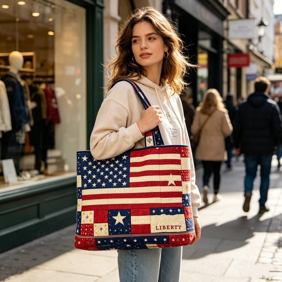 Quilted Tote Bag Patriotic Stars and Stripes Shoulder Handbag 1776-2026 USA 250th Anniversary Spacious Tote for Daily Use Shopping Work 4th of July Independence Day Events