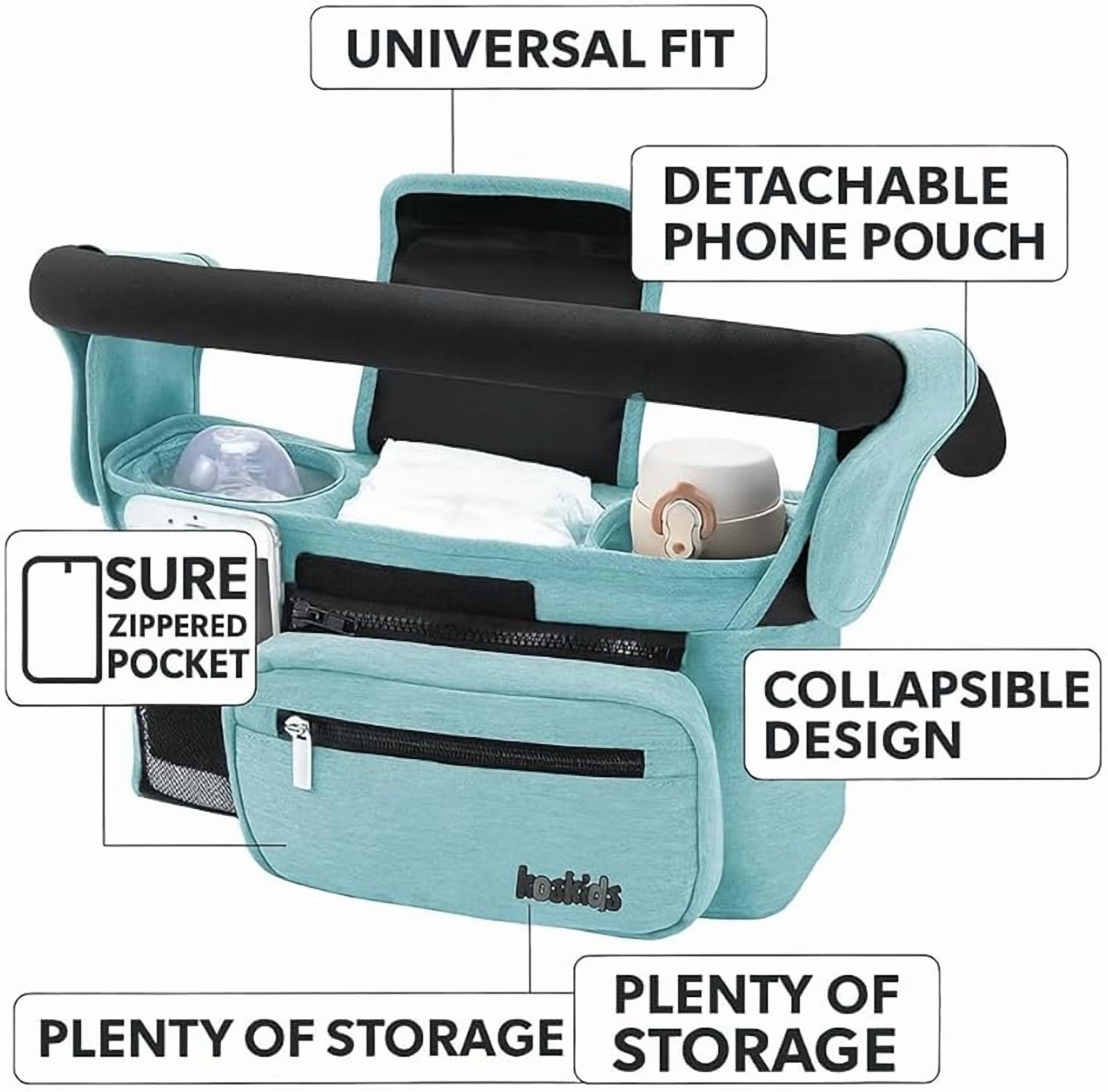 Universal Stroller Organizer with Insulated Cup Holder, Detachable Phone Bag, Shoulder Strap – Fits All Stroller Types, Keeps Drinks Hot/Cold