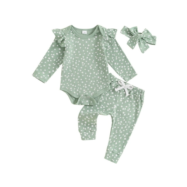 FOCUSNORM Baby Girl Fall Outfit Cotton Floral Long Sleeve Ribbed Romper Bow Pants Headband 3Pcs Infant Newborn Clothes Set