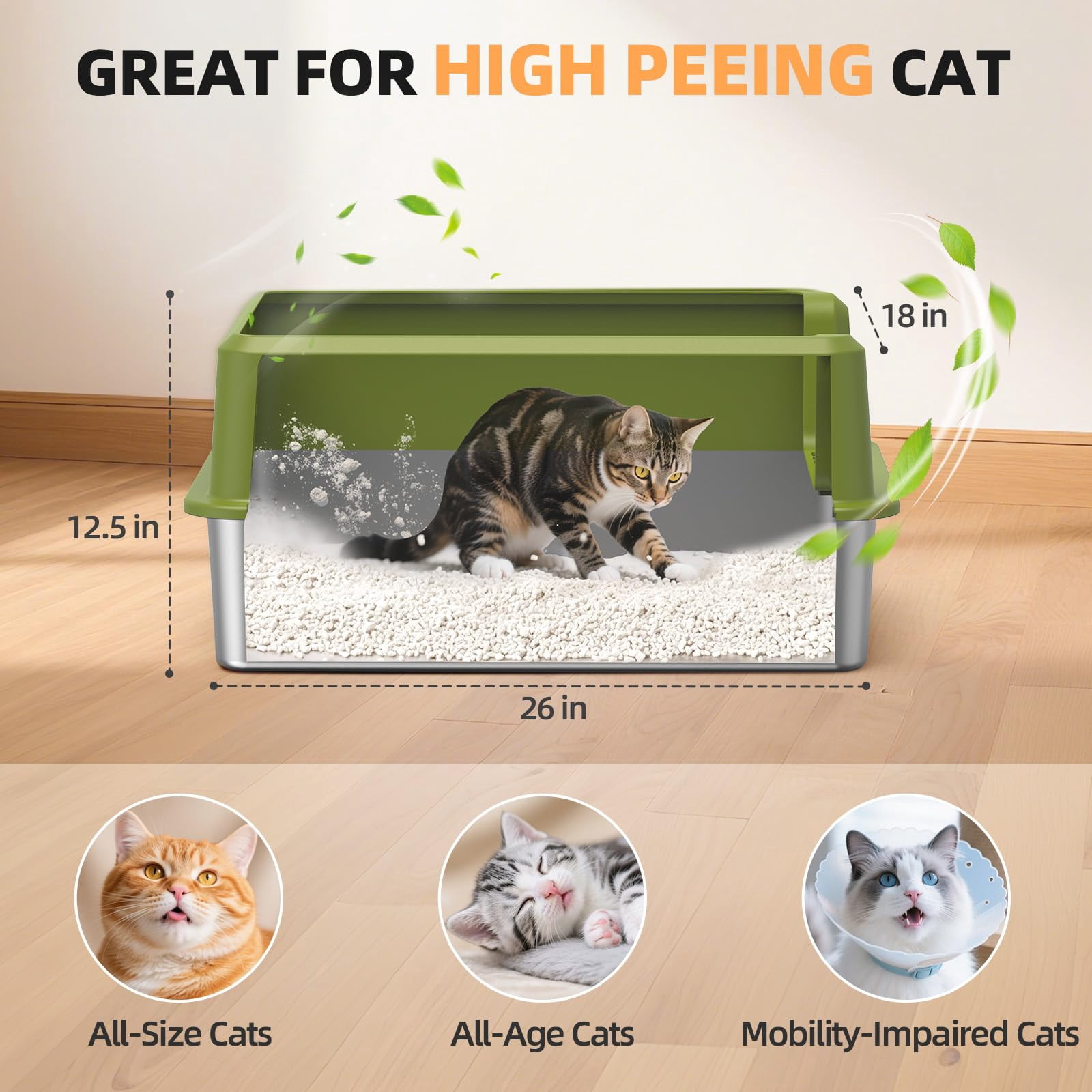 Enclosed Stainless Steel Cat Litter Box With Lid  Xl Extra Large For Big Cats Metal Pan High Sided Never Absorbs Odors Anti-urine Leakage Include Scoop (65-green)