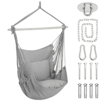 Magshion Hammock Chair Hanging Rope Swing, Max 350lbs Capacity, 2 Cushions Included, Large Macrame Hanging Chair with Side Pocket for Indoor Outdoor, Gray