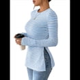 thumbnail image 3 of Camiseta de Larga A Rayas para Mujer, Cuello Redondo, Dobladillo con Abertura, Corte Entallado Azul XXL, 3 of 8