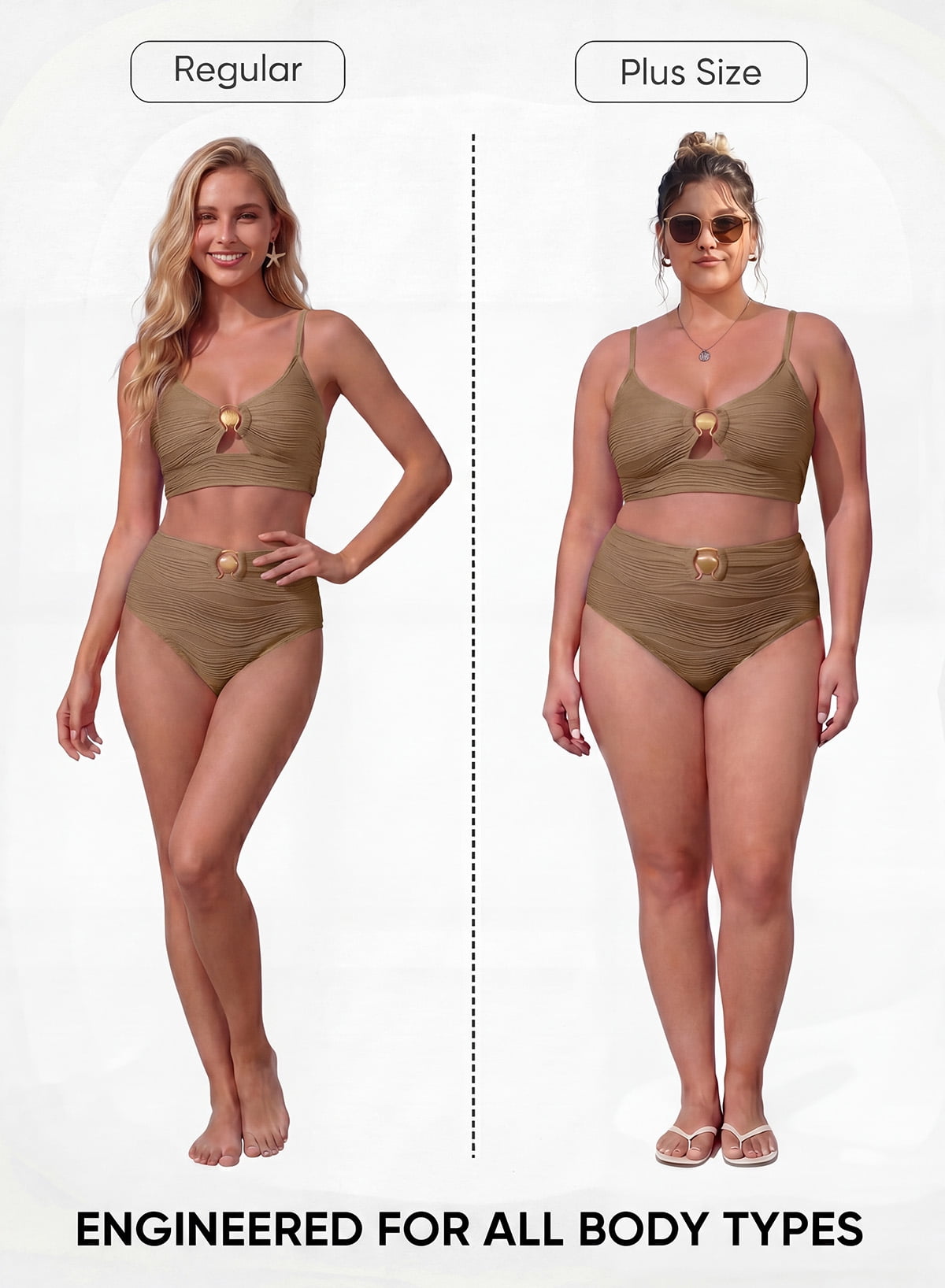 SHEWIN Swimsuit for Women 2 Piece Bathing Suits High Waist Bikini Sets Texture Swimming Suits Full Coverage Beach Essentials Khaki M