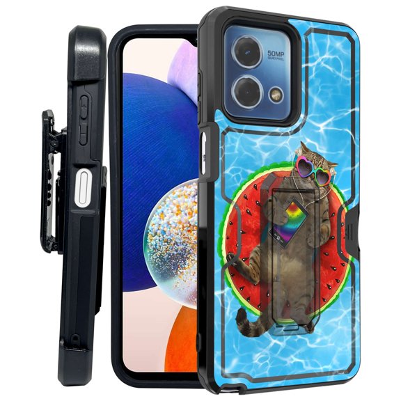 ANJ  Rugged Shockproof Kickstand Hybrid Case with Card Slot and Holster   Tempered Glass Cover for Motorola Moto G Stylus 5G (2023) - Swimming Pool Cat