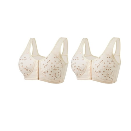 Huuilaibazoo 2 Pack Daisy Bras for Older Women Front Closure Push Up Wireless Bralette Full Coverage Lightly Bra