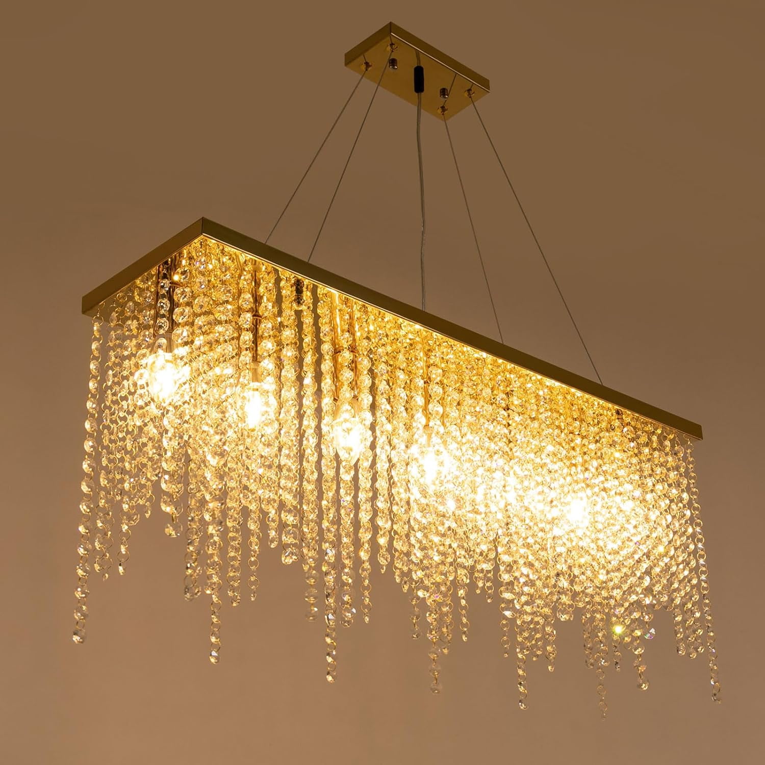 31.5" Linear Modern Crystal Chandelier Luxury Gold Rectangle K9 Crystal Raindrop Chandelier Contemporary 7-Light Ceiling Pendant Lighting for Living Room Kitchen Island Entryway Foyer