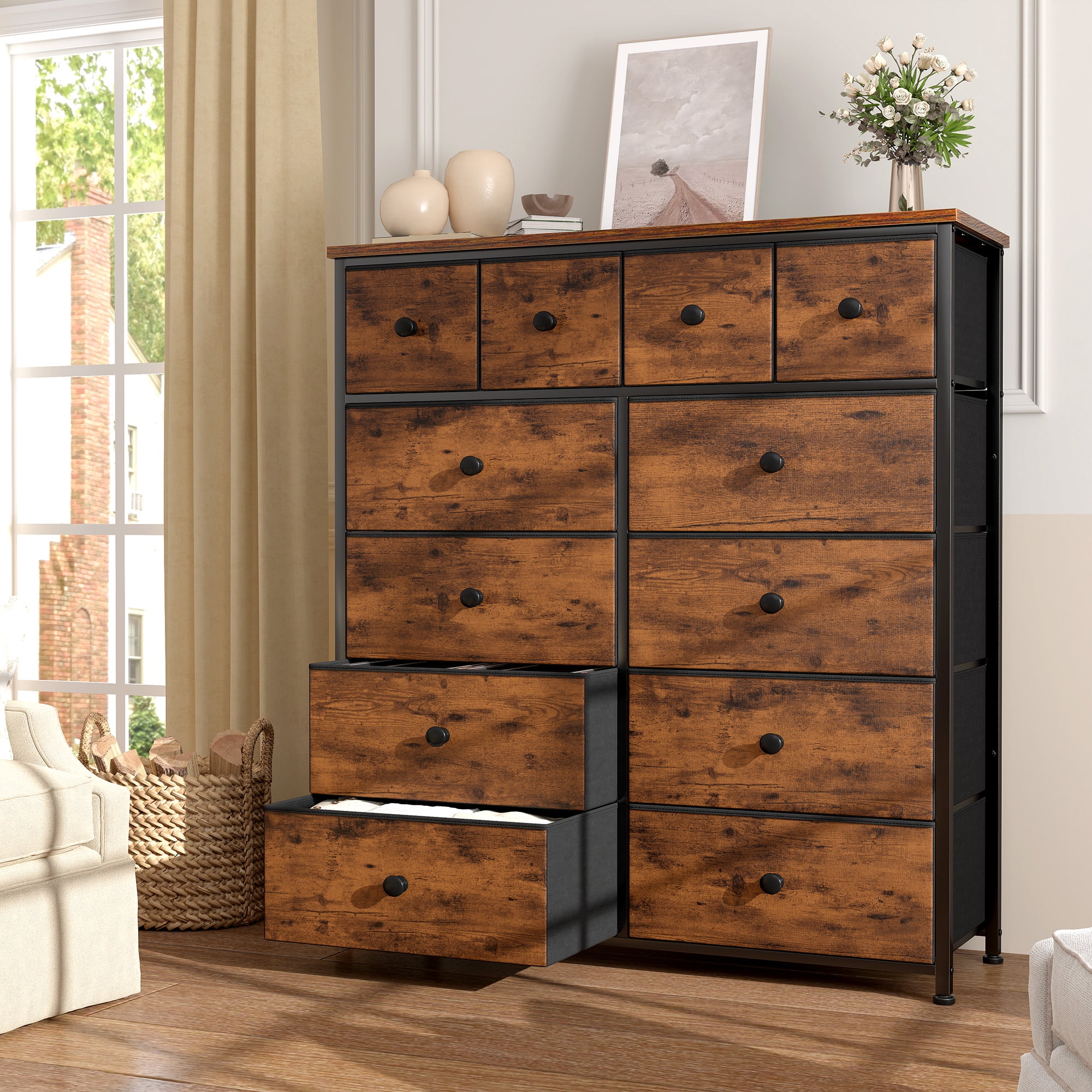 Romorgniz Tall Dresser for Bedroom with 12 Drawers Dresser for Closet Facric Dressers and Chests of Drawers, Sturdy Metal Frame, Wood Top, Rustic Brown