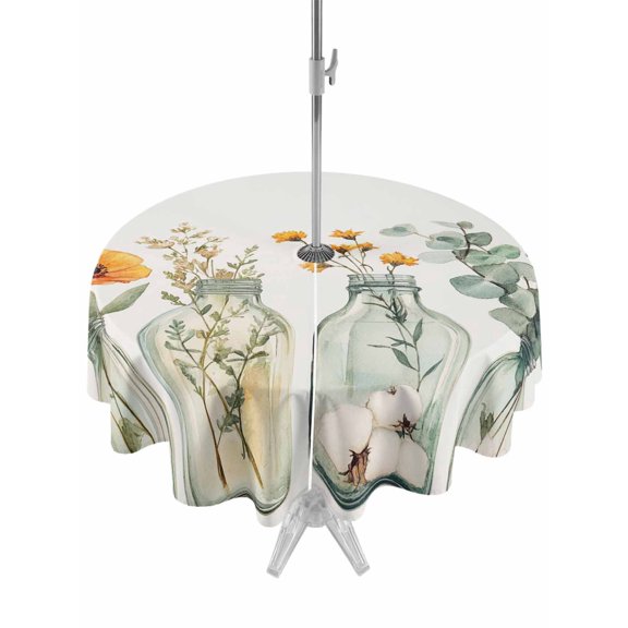 Outdoor Table Cloth with Umbrella Hole and Zipper, Spring Floral Waterproof Round Tablecloth 60 Inch, Eucalyptus Leaf Summer Botanical Washable Table Cover for Outside Party Patio Picnic