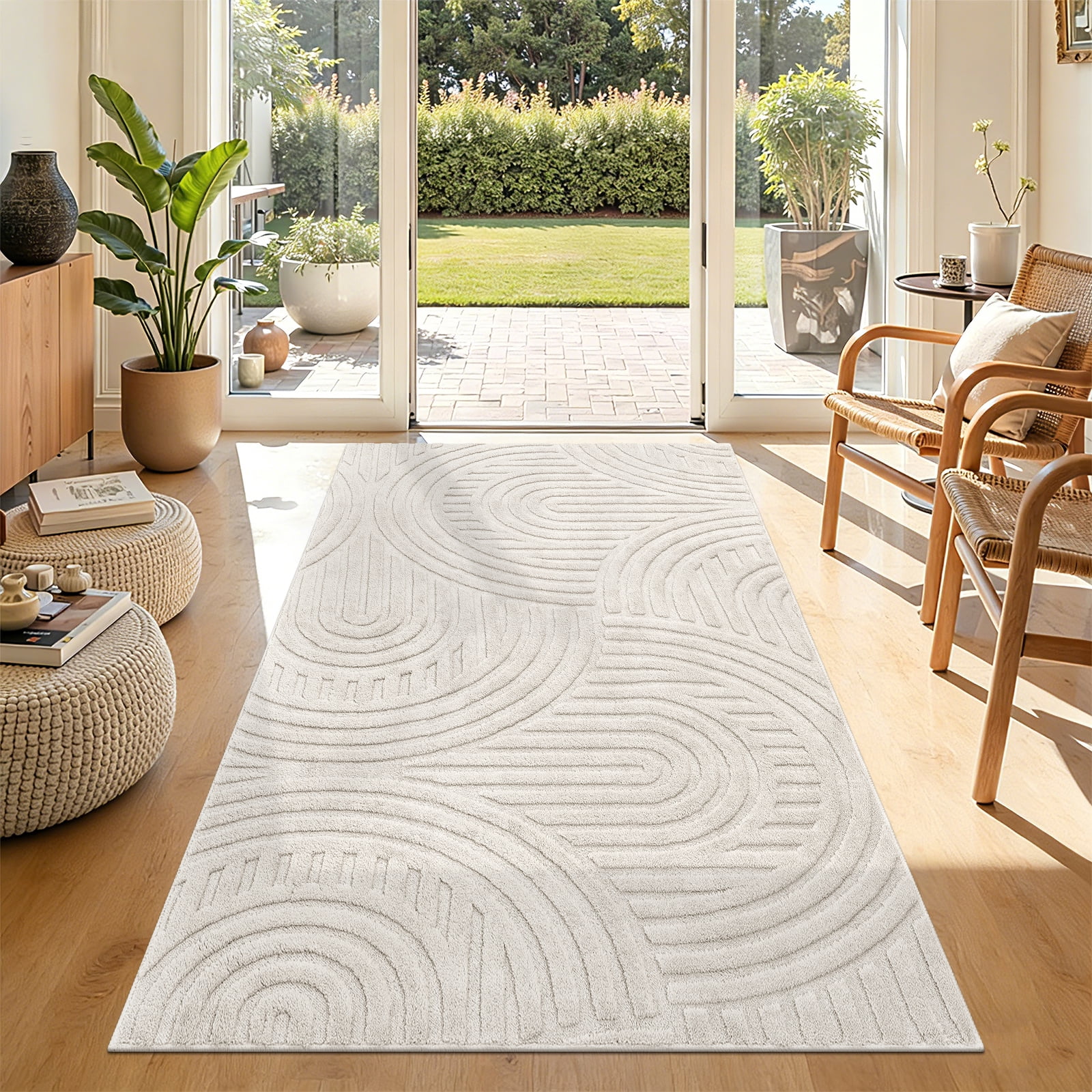 MeyJey 3’x5’ Area Rugs for Living Room, Machine Washable Jacquard Textured Modern Non Slip Rugs, Soft Geometric Rug for Bedroom Dining Room Office, Beige
