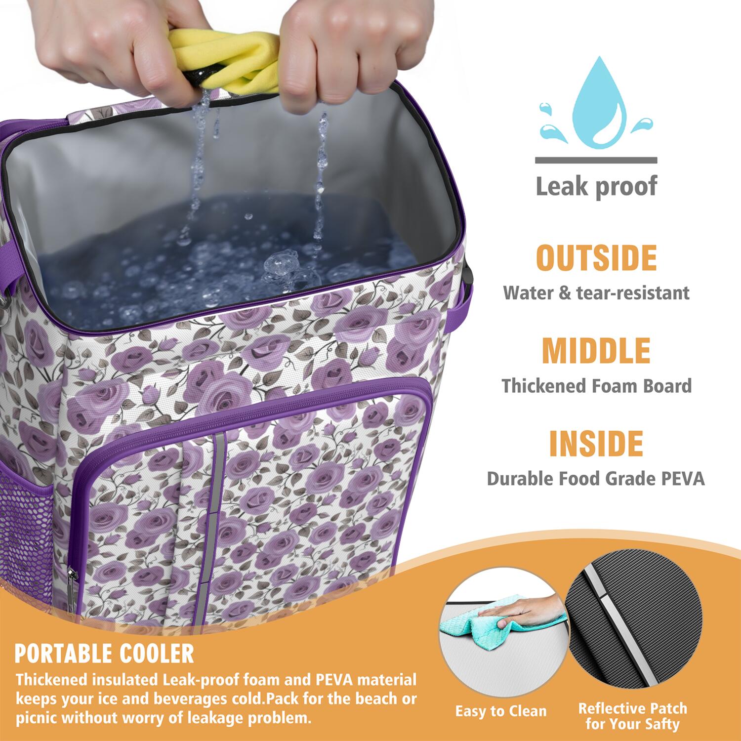 Travel Cooler Bag - Pioneer Flower Floral Print Pattern Camping Beer Cooler Backpack with Bottle Opener- Waterproof Insulated Picnic Backpacks - Cooler Bag for Beach