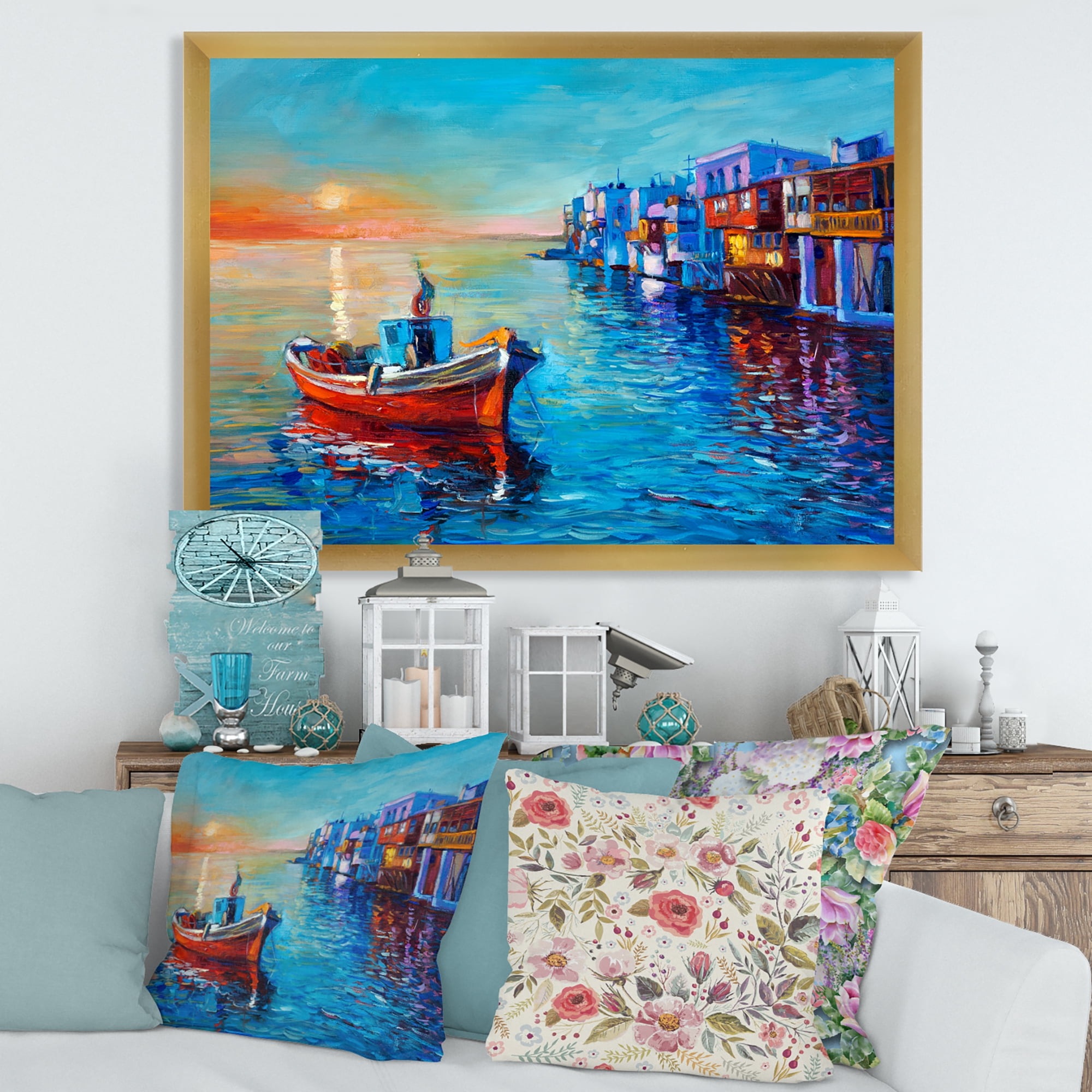 Designart 'Boats Near Coastal Town Resting On The Water I' Nautical & Coastal Framed Art Print