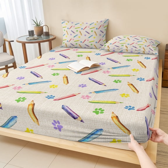 Queen Size Fitted Sheet Set - Cartoon 3 Piece Bedding Sets 16" Deep Pocket Fitted Sheet with 2 Pillowcases, Cute Colorful Pencil Paw Print Funny Linen Brushed Microfiber Hotel Luxury Bed Sheets