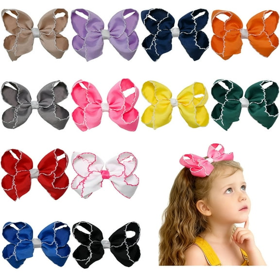 12pcs 6inch Large Ruffled Hair Bows for Girls - 12 Pack Assorted Colors Ribbon Hair Bows Clips, Cute Hair Accessories for Toddlers Kids, Perfect for Daily Wear, Party, School