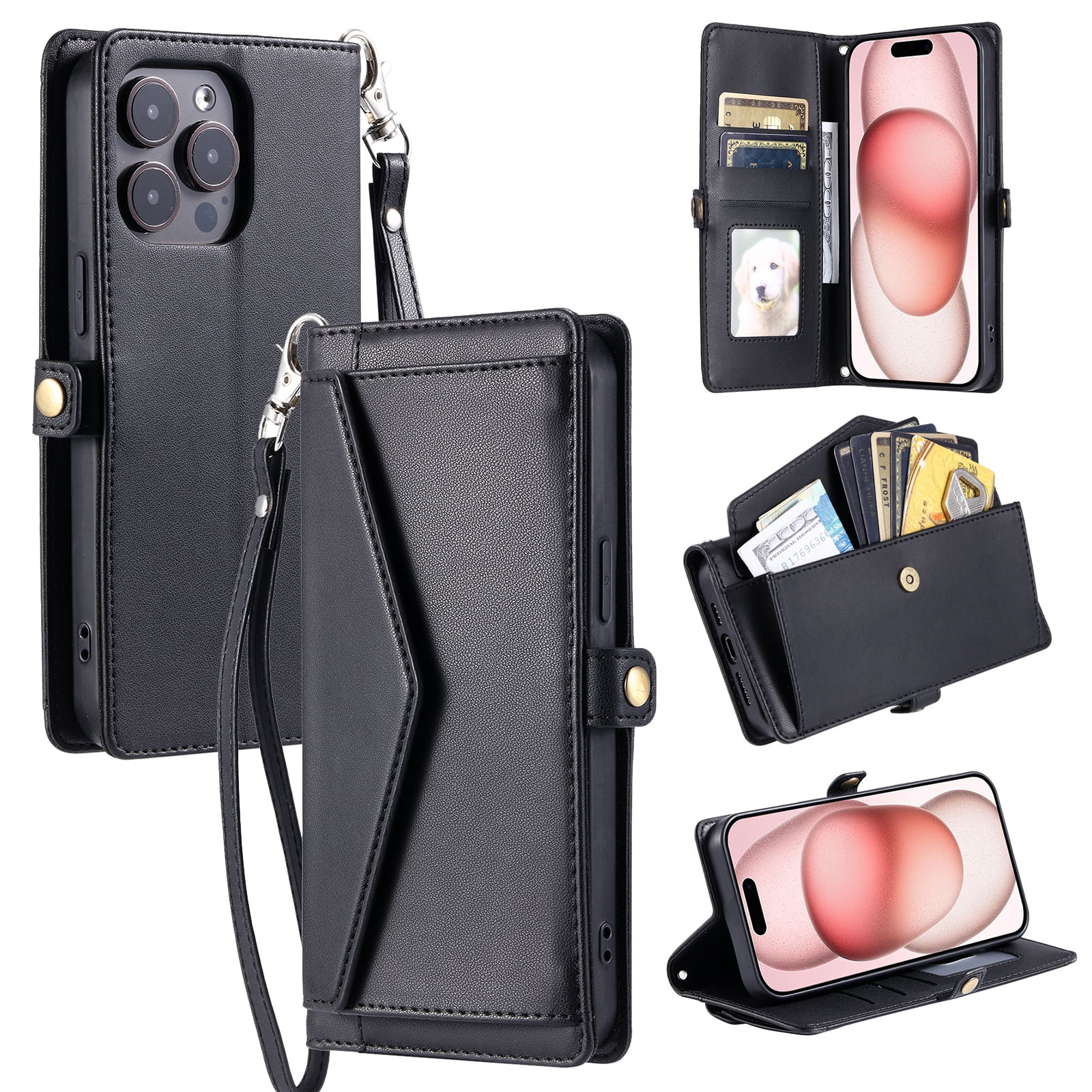 Compatible with iPhone 16 Pro Envelope Style Wallet Case, with Wrist Strap and Crossbody Strap, Flip Card Holder Stand Rugged Cell Phone Cover for iPhone 16 Pro Women Men - Black