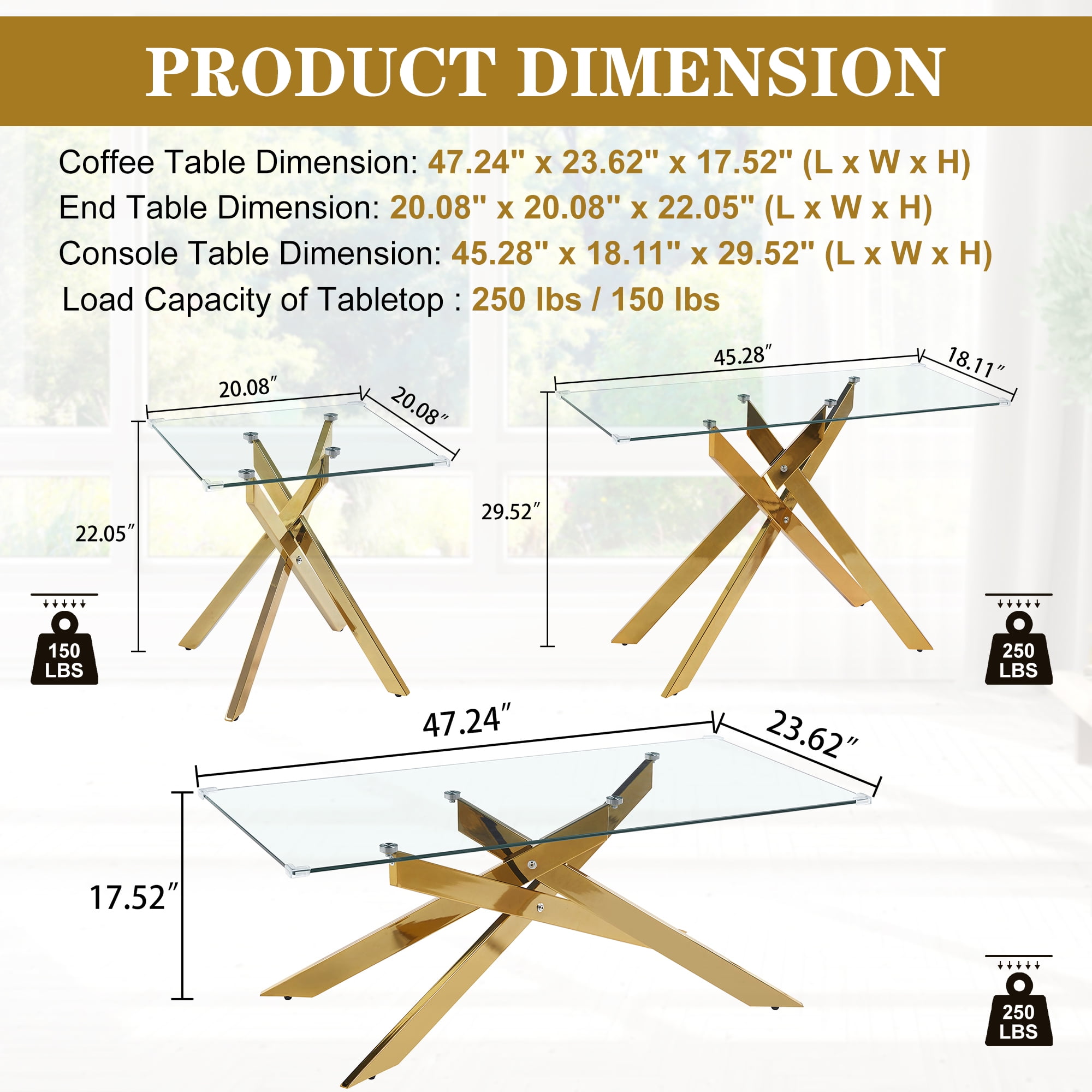 3-Piece Tempered Glass Table Set, Coffee Table, Console Table & End Table with Geometric Metal Legs for Living Room, Office