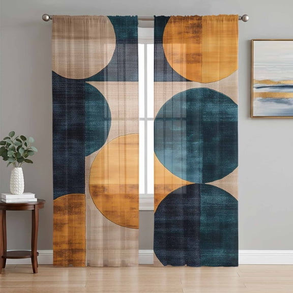 Turquoise Orange Geo Sheer Curtains 72 Inch Length 2 Panels Set, Circle Modern Artwork Voile Window Treatment Rod Pocket Curtains Sheers Drapes for Bedroom/Living Room/Kitchen 52"x72"x2
