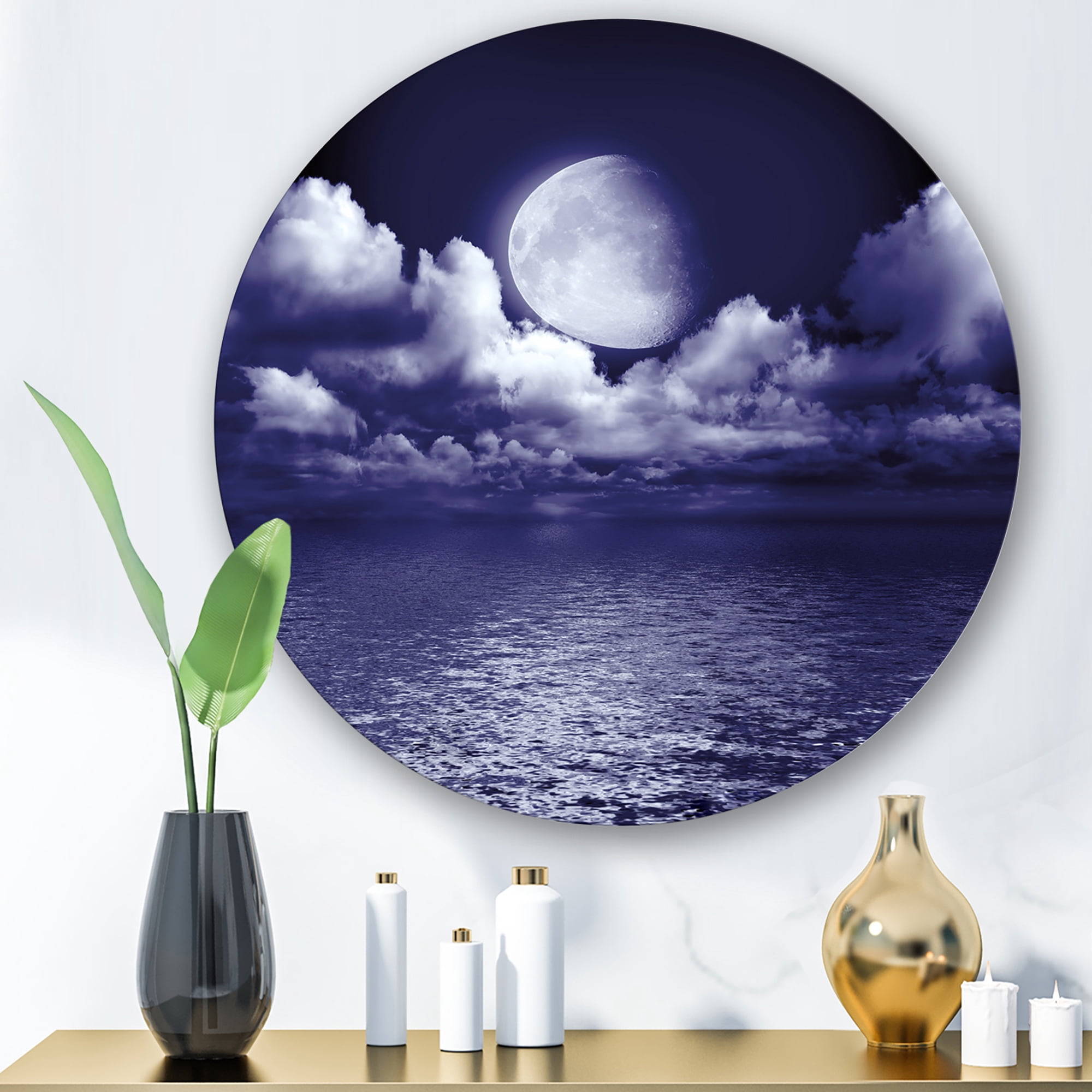 Designart 'Full Moon Night in Cloudy Sky V' Nautical & Coastal Circle Metal Wall Art 23x23 - Disc of 23