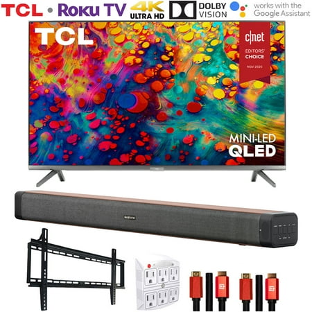 TCL 65R635 65-inch 6-Series 4K QLED Dolby Vision HDR Roku Smart TV Bundle with Deco Home Soundbar with Dual Subwoofers, Wall Mount, 2x Deco Gear HDMI Cable, 6-Outlet Surge Adapter with Night Light