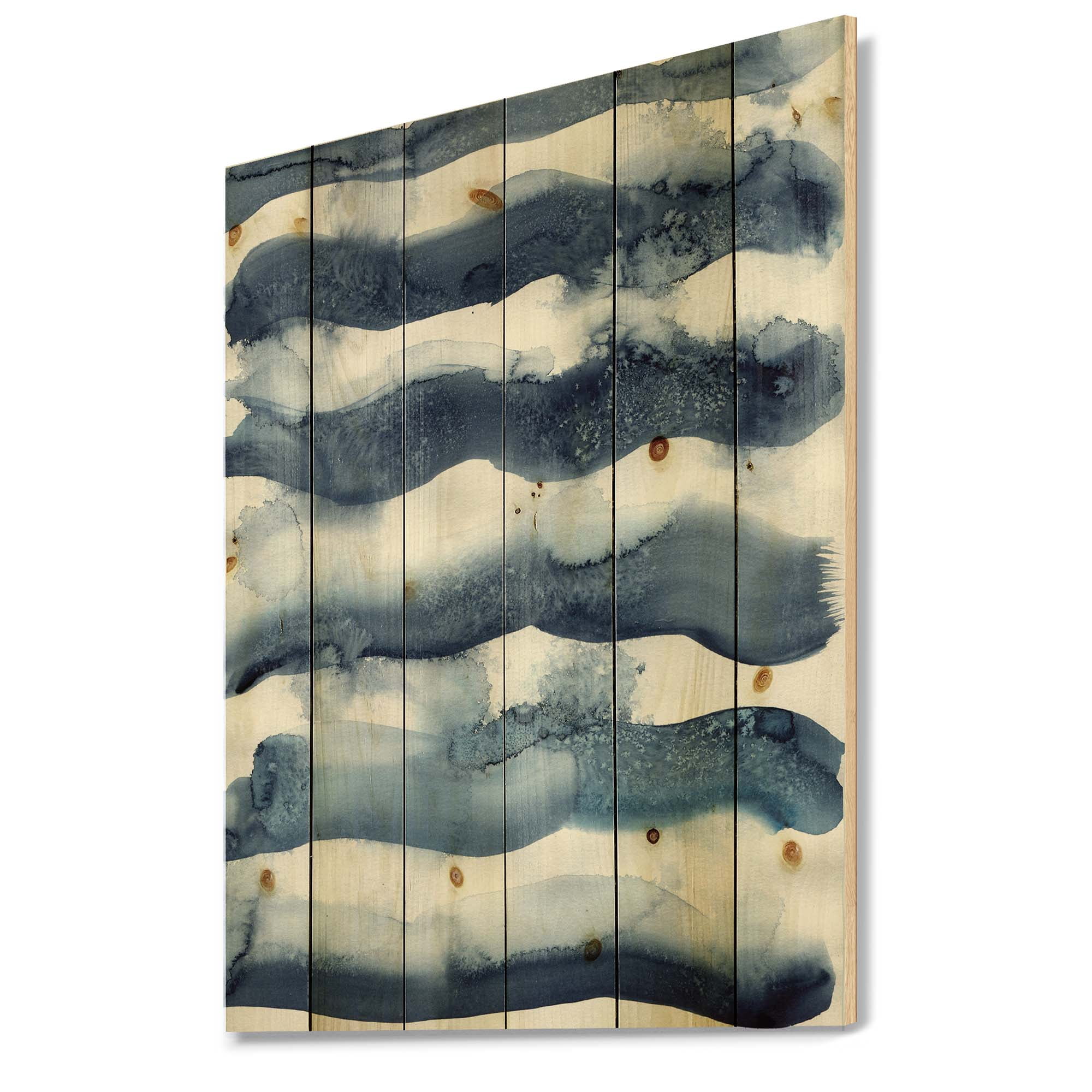 Designart 'Abstract Blue Classic Waves' Modern Print on Natural Pine Wood