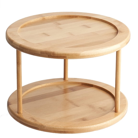 Round Bamboo Turntable Cabinet Organizer 2 Tier Spice Rack Removable Spinning Tray Organizer for Kitchen Cabinet Shelf