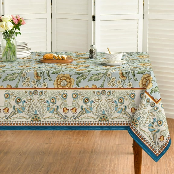 Rustic Rectangular Tablecloth 60×84 Inch, Bird Floral Vintage Washable Table Cover for Party Picnic Dinner Decor