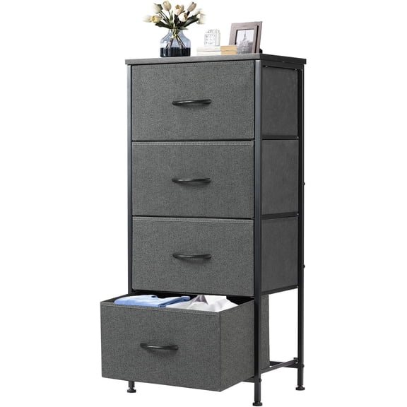 Nightstand with 4 Drawers Bedside Table with Removable Fabric Bins Sturdy Steel Frame Wood Top Organizer Furniture for Bedroom Nursery Closet Living Room