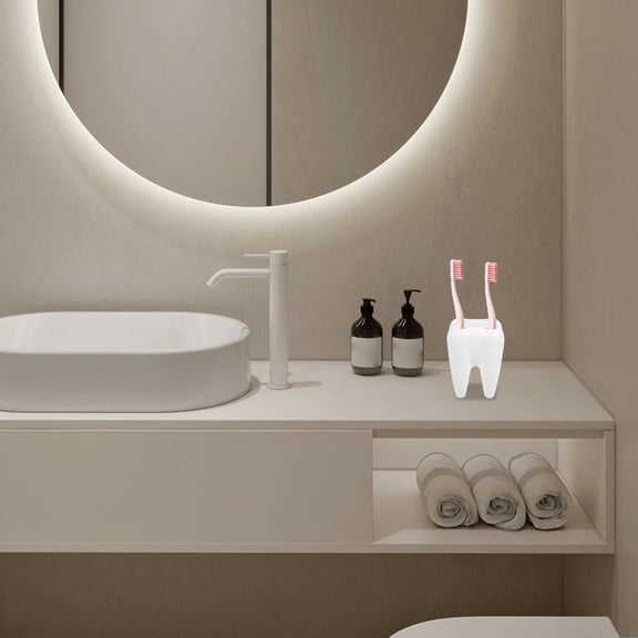 DEEPCRAFF 2Pcs White Tooth Shaped Toothbrush Holder Bathroom Organizer Set for Vanity Countertop