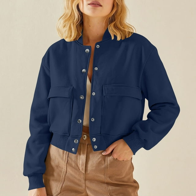 HongQid Women's Bomber Jackets Winter Trendy Varsity Jackets Shackets Button Down Cropped Coats with Pockets