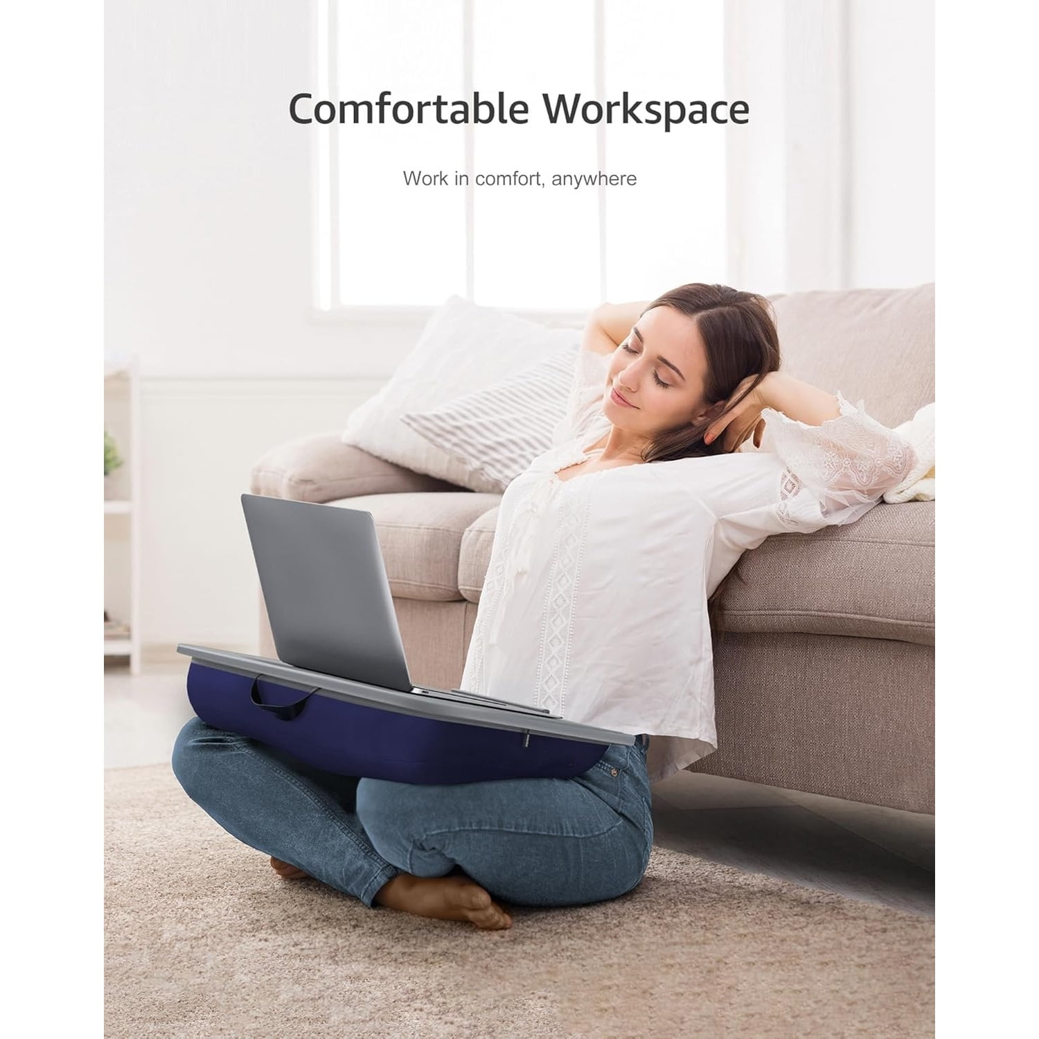 Lap Desk | Portable Laptop Desk & Stand – Fits Up to 17 inch – Washable Cushion, Built-in Phone Holder – for Bed, Couch, Sofa, Floor – Writing, Reading, Home Office – Large, Grayish Blue