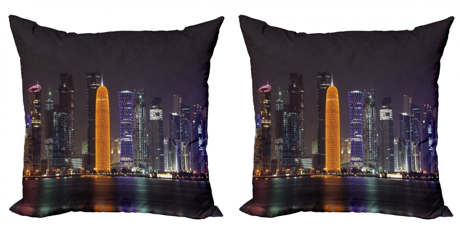 Urban Throw Pillow Cushion Cover Pack of 2, Qatar Middle East Town with