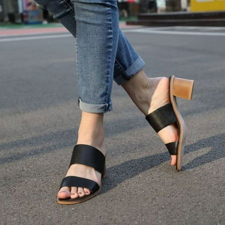 

Womens Heeled Sandals Backless Square Open Toe Block Strappy Slip On Slide Shoes