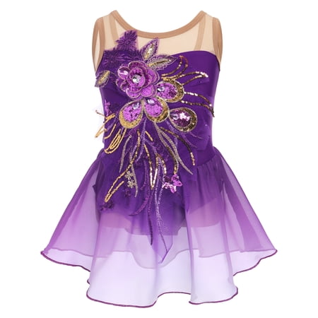 IBTOM CASTLE Girls Ice Figure Skating Dress Sparkly Sequins Sheer Mesh Chiffon Ballet Dance Leotard Dress Ballerina Dancewear 11-12 Years Purple