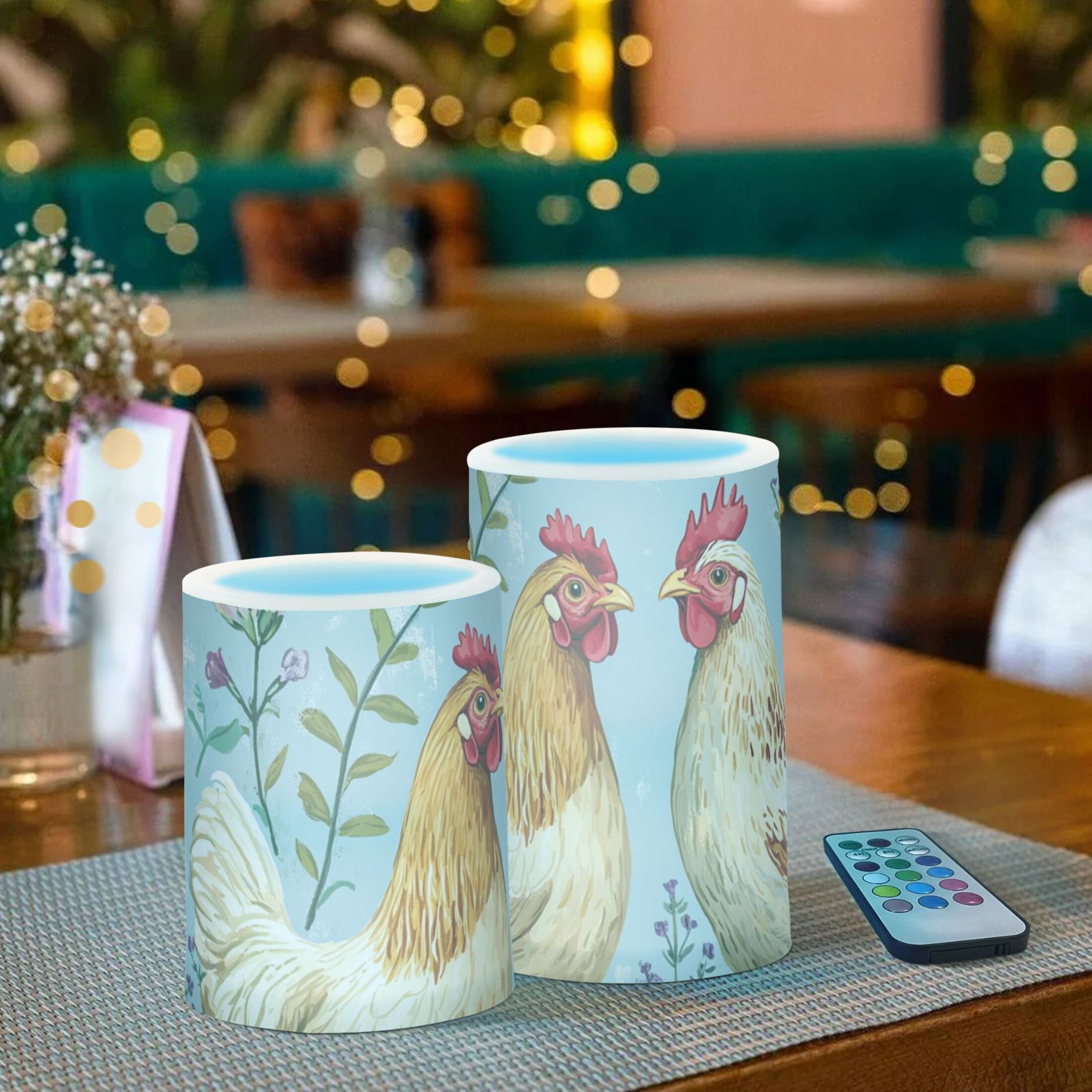 Two Chickens on Meadow Florals Flickering Flameless Candles LED Tealight Battery Operated with Remote Set of 2 Holiday Decor Ornaments