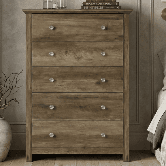 STYLIVIA Modern Tall 5 Drawer Dresser for Adults with Interlock Safety Sturdy Storage Knotty Oak Finish 31.1" W x 16.3" D x 46.9" H