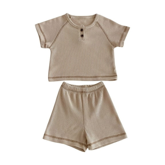 Odeerbi Kids Boys Girls Two Piece Outfits Cotton Summer Clothes Children's Casual Solid Color Short Sleeve Round Neck Top Shirt Shorts Two-piece Set Khaki