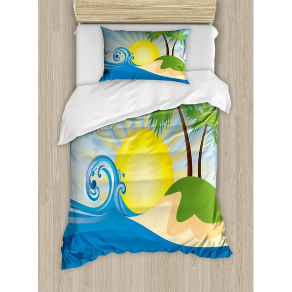Beach Twin Size Duvet Cover Set, Summer Beach Illustration with Sun Rays Tropical Island Abstract Arrangement, Decorative 2 Piece Bedding Set with 1 Pillow Sham, Blue Yellow Green, by Ambesonne