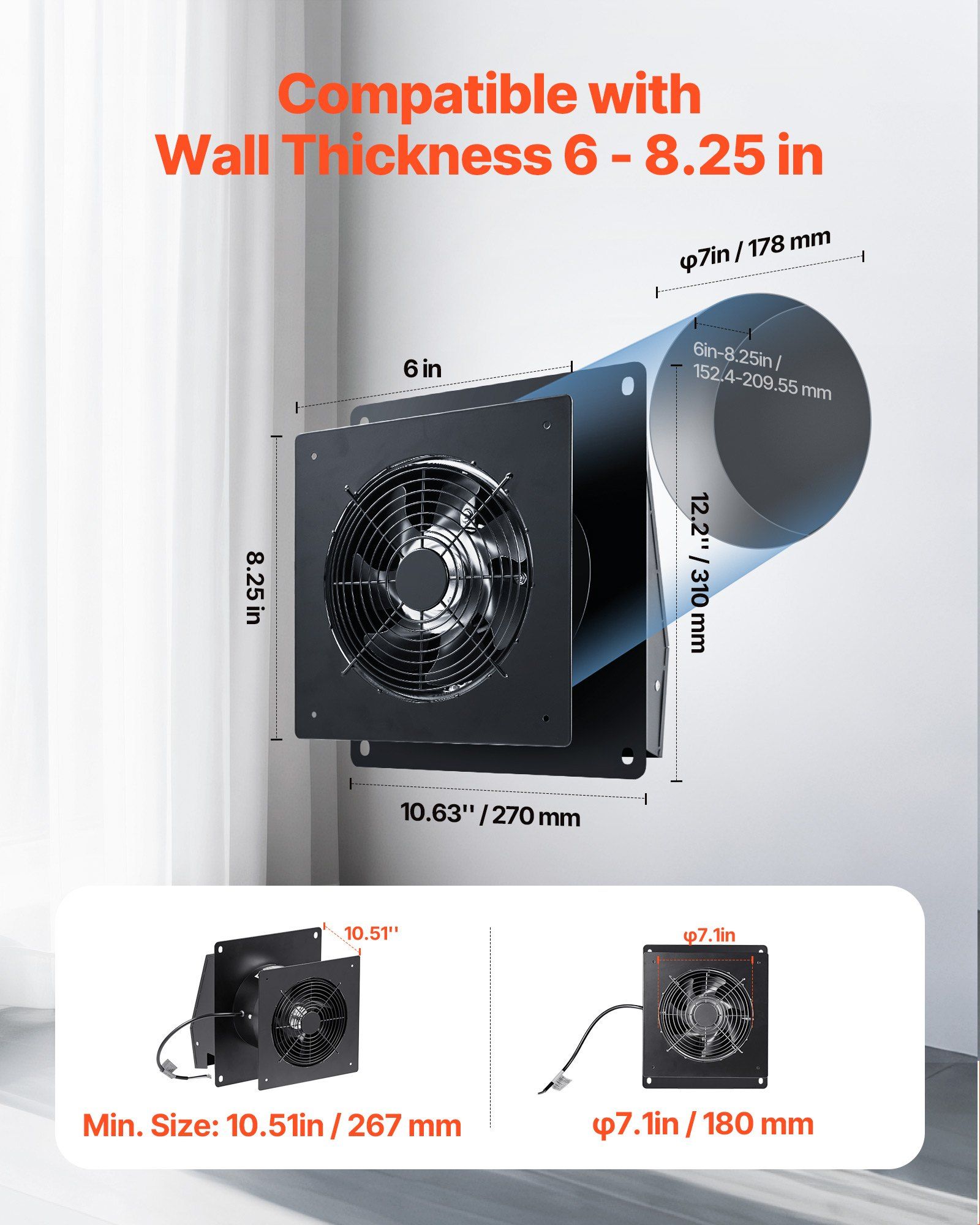 6 Inch Through The Wall Ventilation Fan with 205 CFM Airflow, Quiet AC Motor ≤46dB, 1640 RPM High Speed Exhaust Fan, Easy Installation for Bathroom, Bedroom, Garage, Laundry Room
