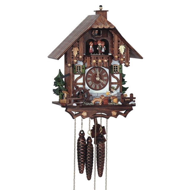 Cuckoo Clock Black Forest house with moving beer drinker and mill wheel
