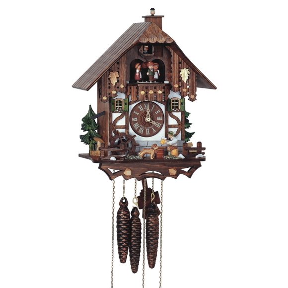 Cuckoo Clock Black Forest house with moving beer drinker and mill wheel