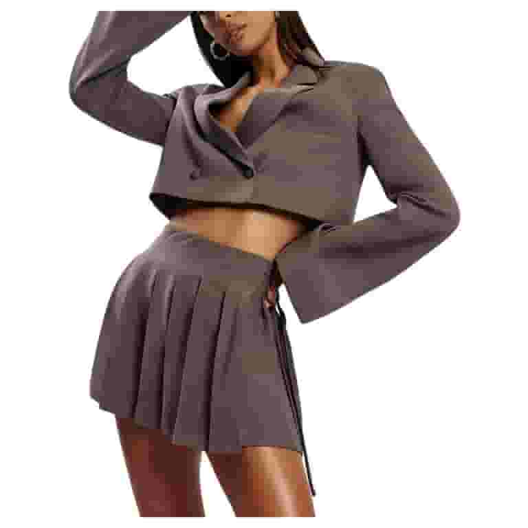 Women Stylish Skirt Suit Long Sleeve Collar Cropped Blazer Jacket