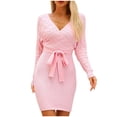 thumbnail image 4 of Oplxuo Long Sleeve Sweater Dresses for Women Fall Winter V Neck Wrap Pullover Casual Cable Knitted Belted Waist Lounge Dress, 4 of 7