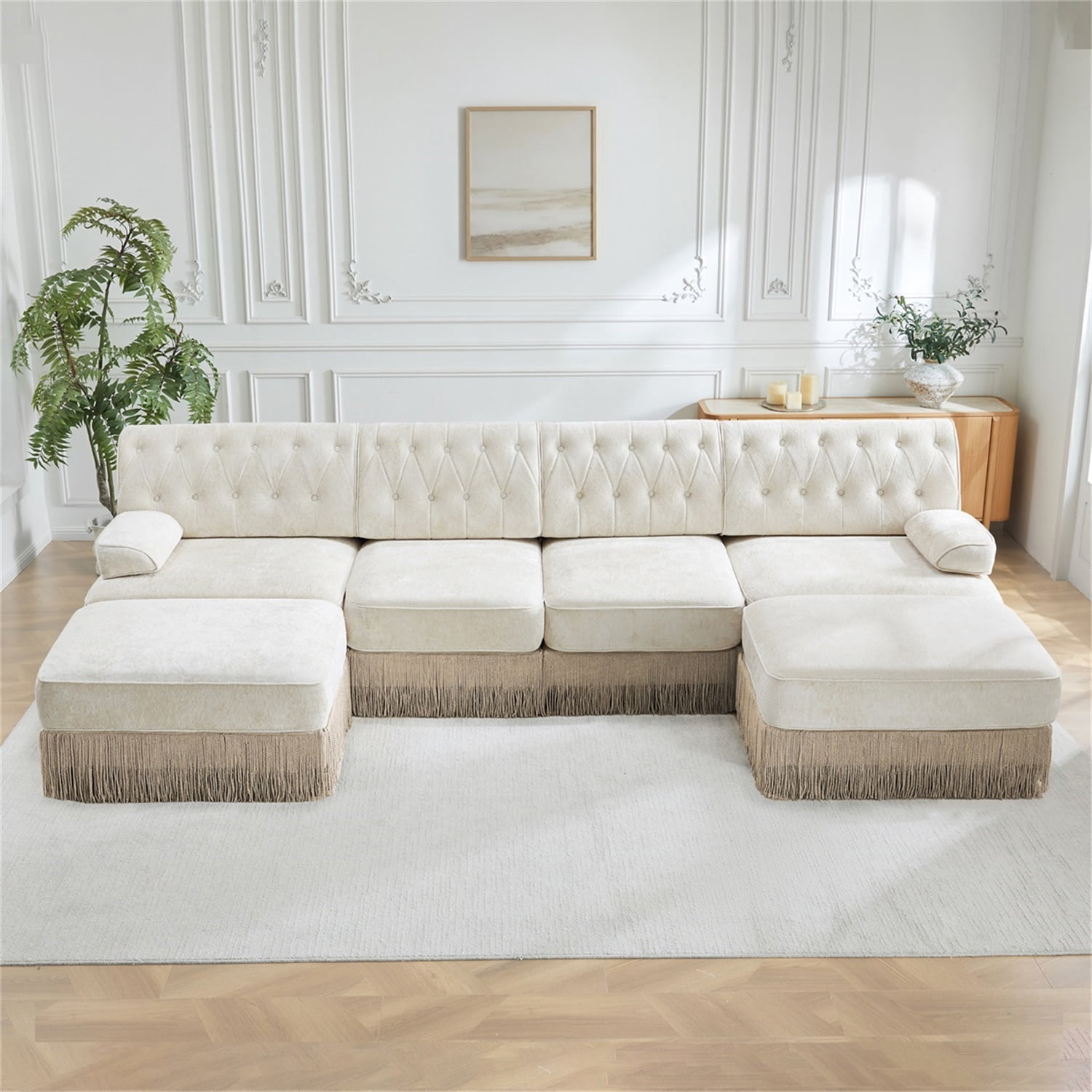 Hommoo 4-Seater Chesterfield Style Velvet Fabric U-Shaped Sectional Sofa with 2 Ottomans, Tufted Button Upholstered Design and Floor-grazing Tassel, Free Combination Sofa Couch Set, for Home, Beige