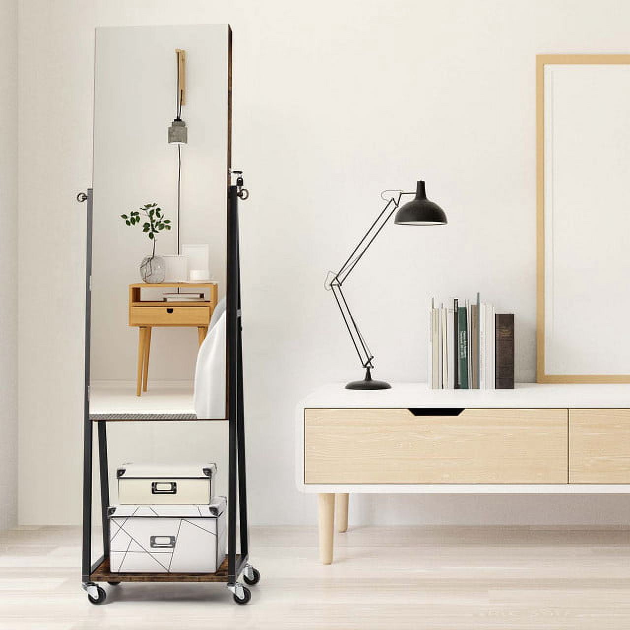 Oumilen Jewelry Armoire on Casters in Burnt Wood Brown for Adults